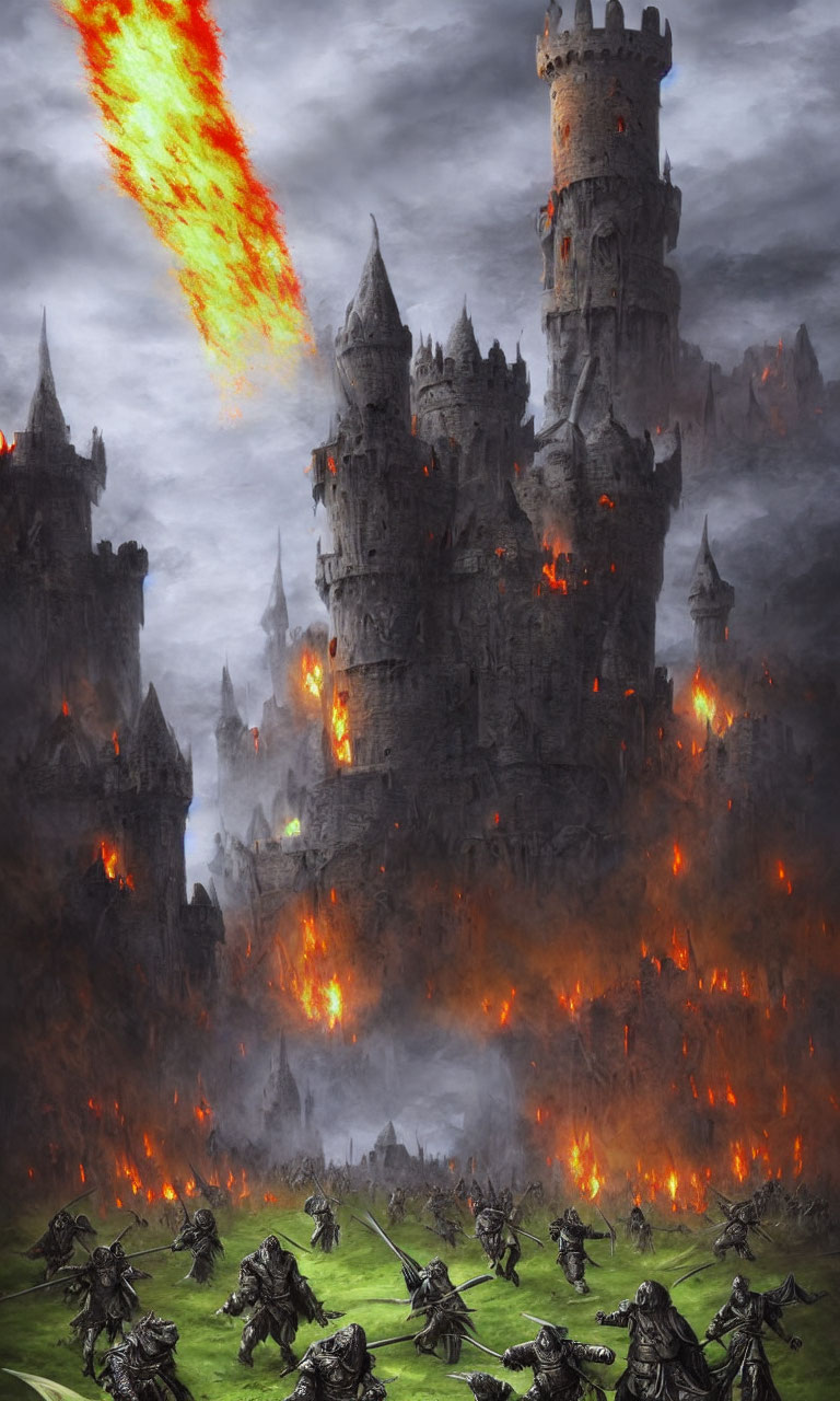 Fantastical castle siege with comet, flames, warriors in battle