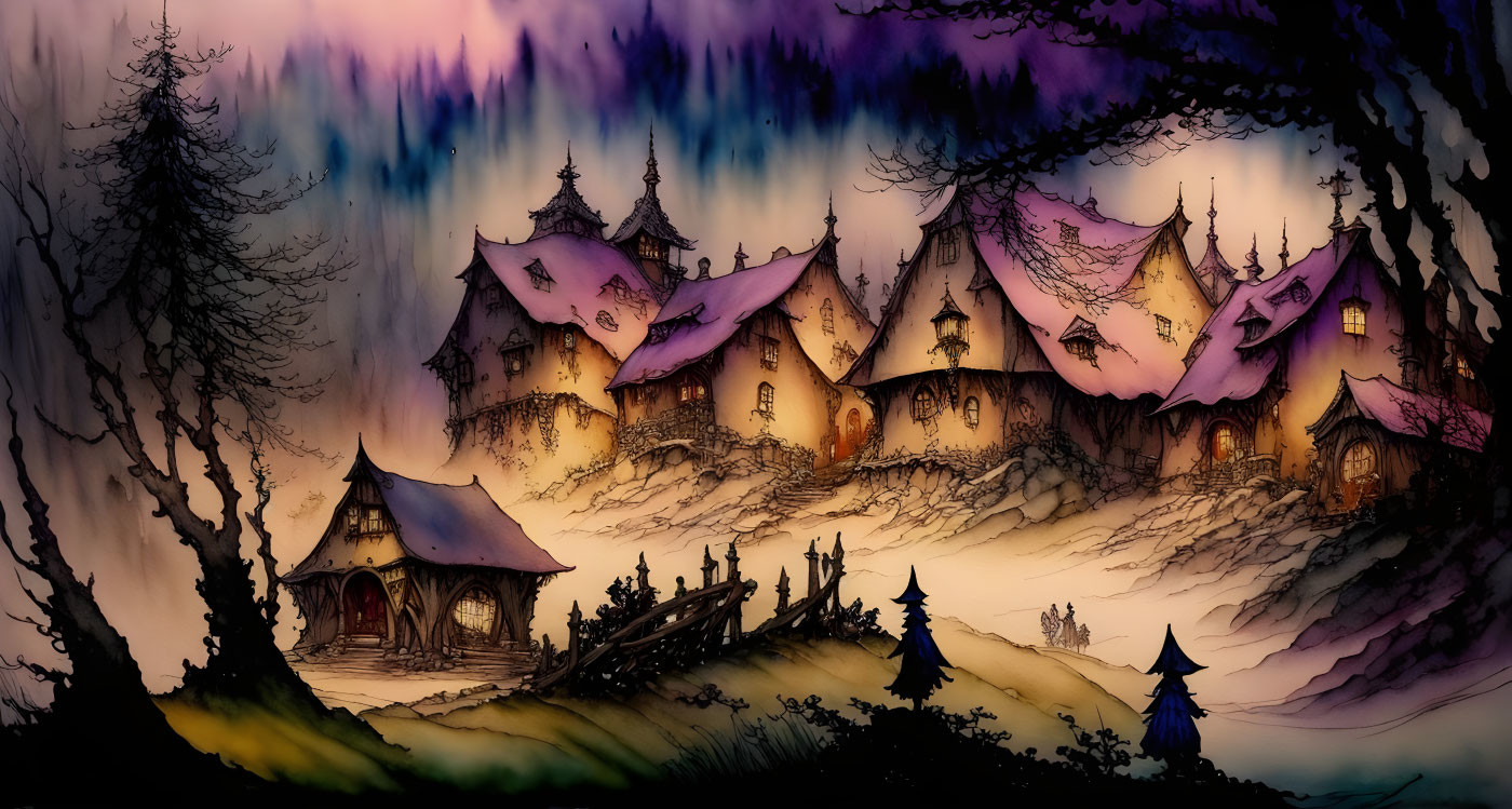 Twilight scene of rustic village with illuminated cottages and vibrant aurora