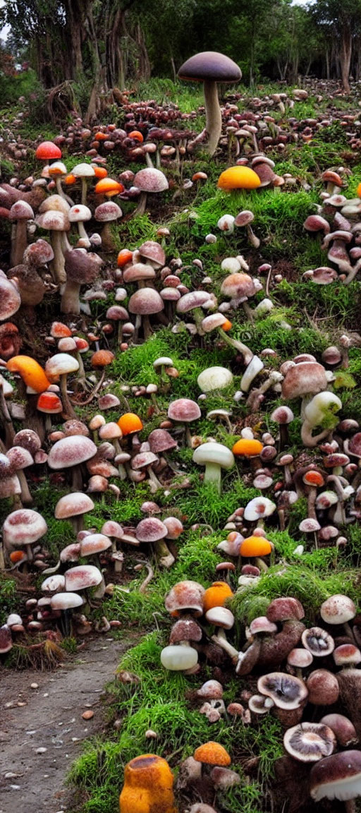 Diverse Mushrooms on Forest Floor with Green Grass