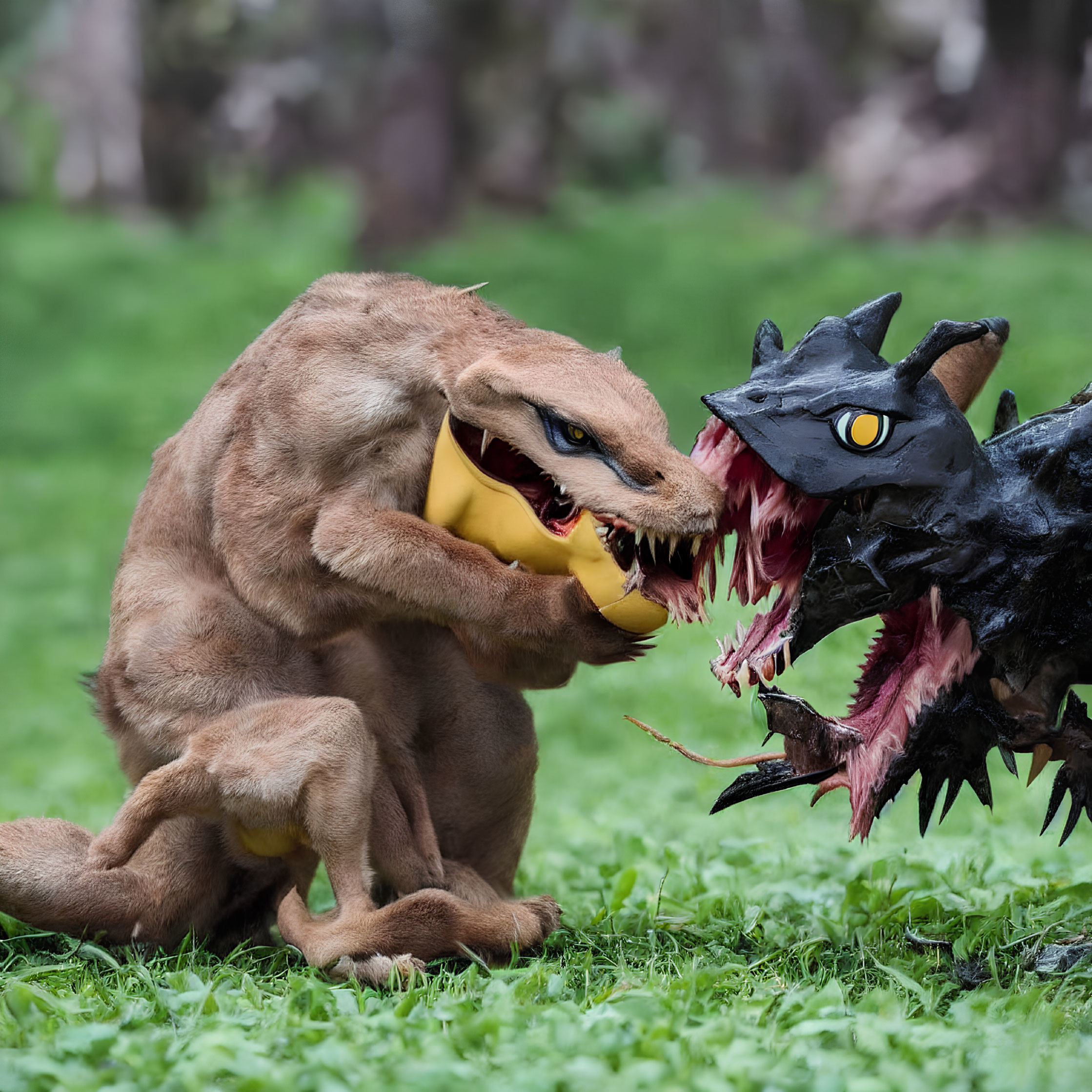 Realistic brown creature and black dragon costume figures in playful battle on grassy field