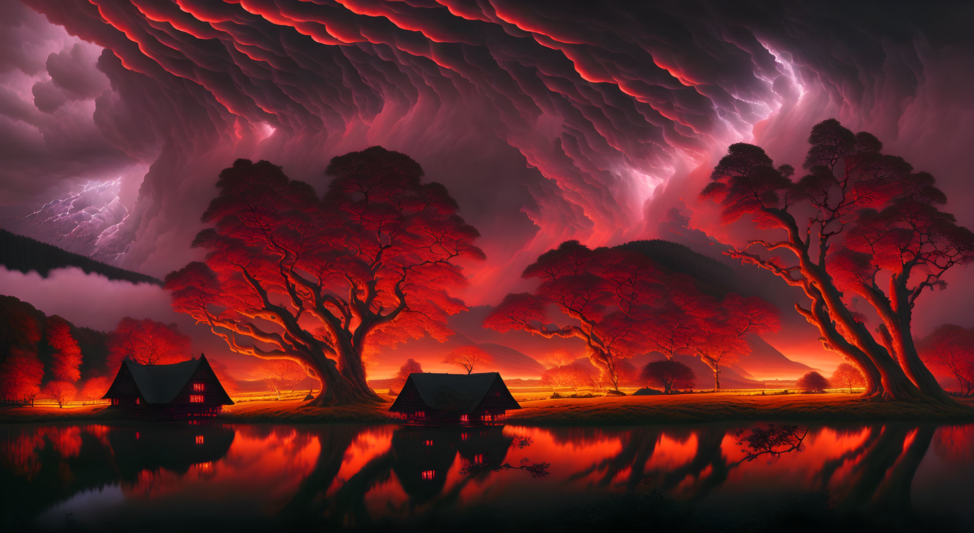 Digital artwork: Ominous crimson-lit landscape with reflective trees, tents, and stormy sky