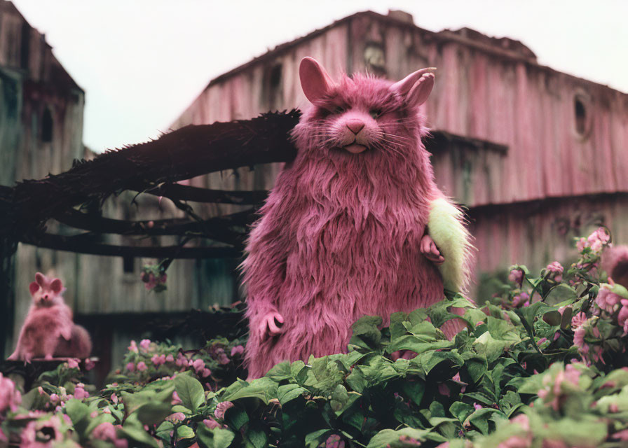 Pink Furry Rodent-like Creature in Greenery with Dilapidated Structure