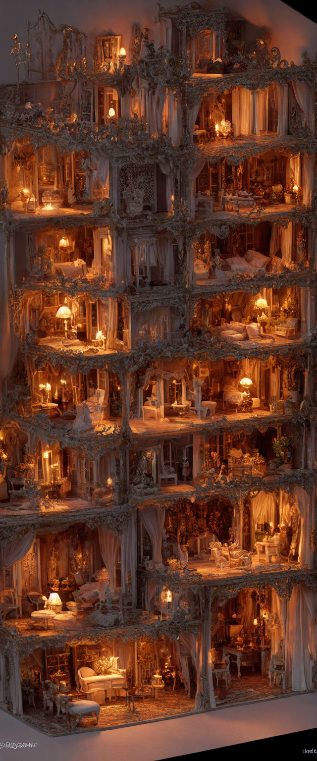 Detailed Dollhouse with Multiple Illuminated Rooms & Grand Mansion Miniatures