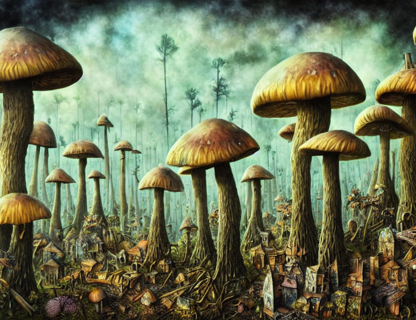 Fantastical forest with oversized mushrooms and miniature ruined buildings in misty atmosphere