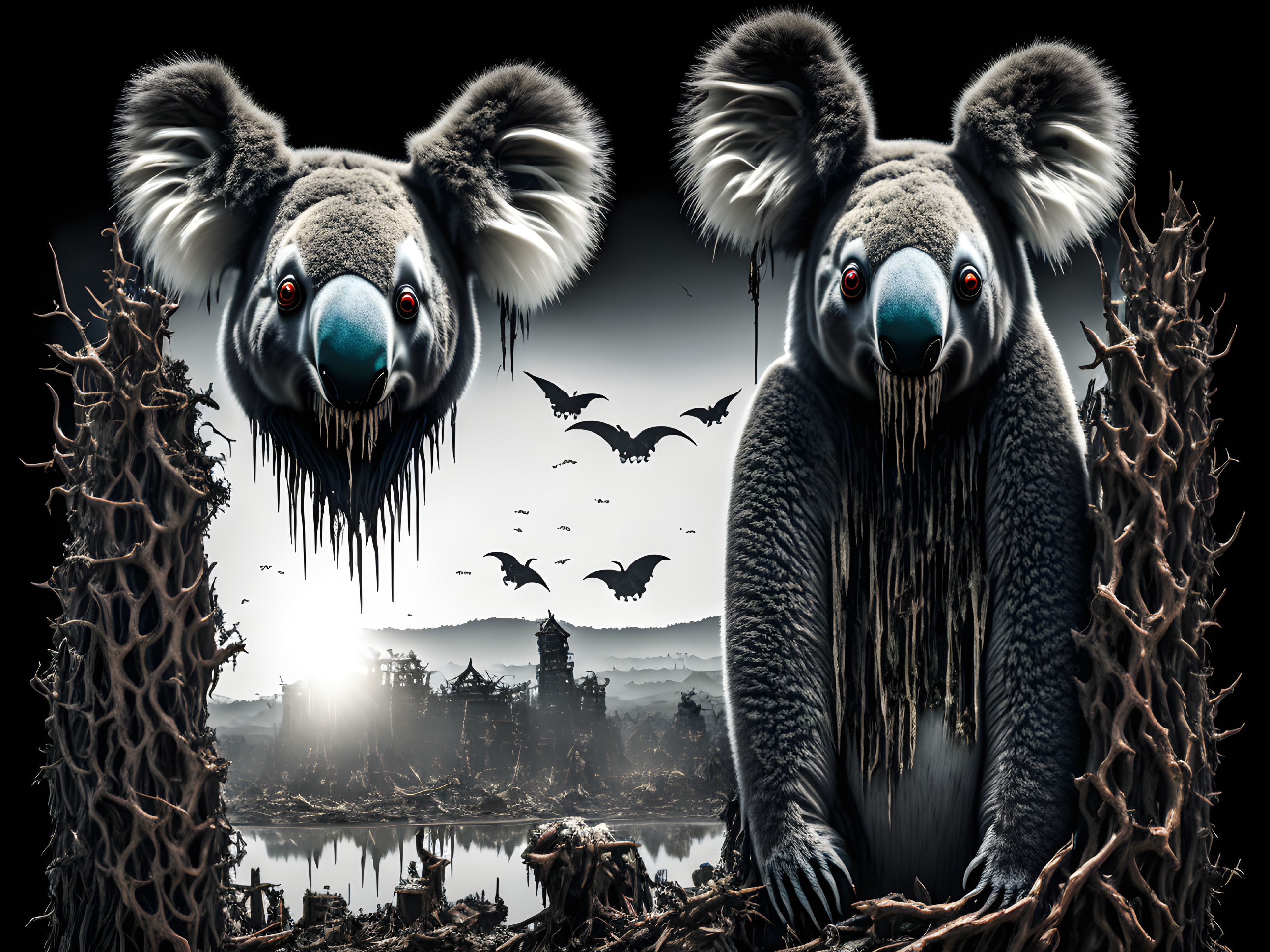 Symmetrical artwork featuring koalas with oversized ears in a dystopian landscape