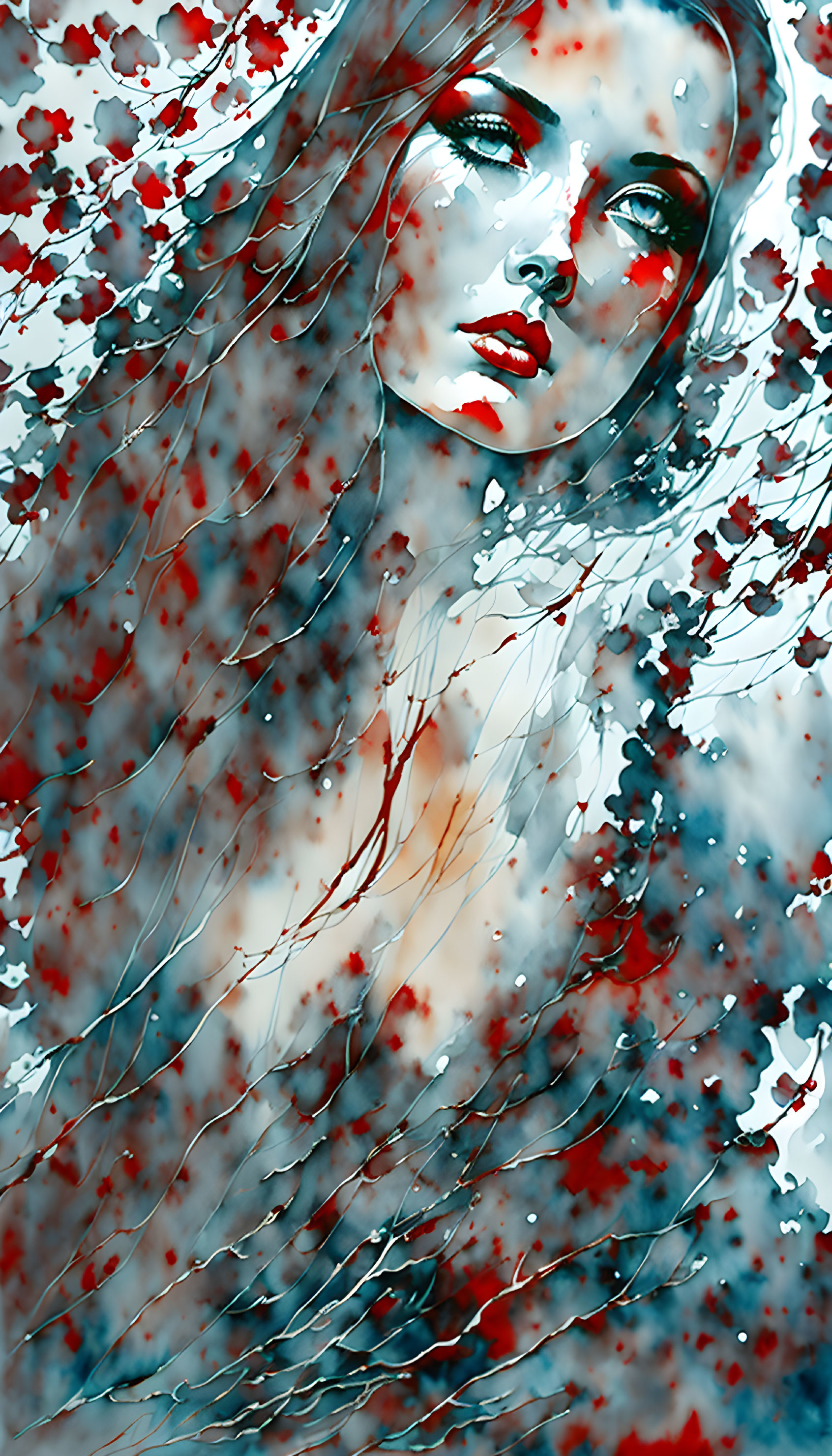 Vibrant watercolor portrait of a woman with cascading hair in red and blue hues