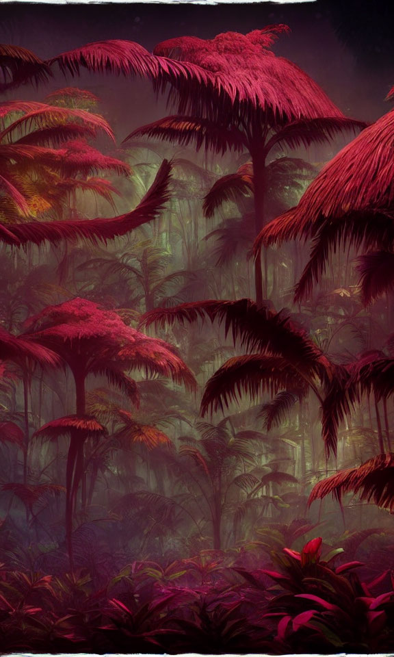 Enchanting forest scene with red ferns under purple sky