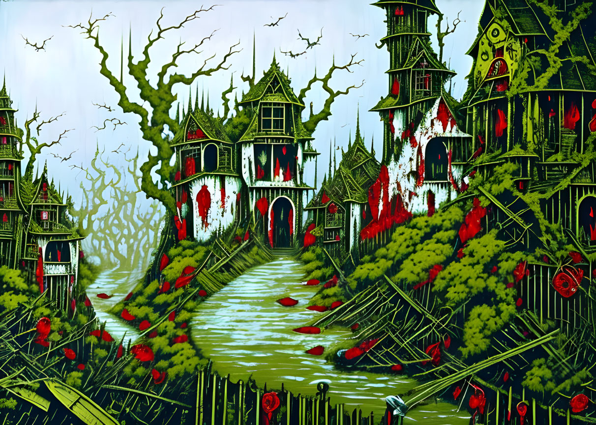 Fantastical eerie village with twisted trees and haunted houses by murky river