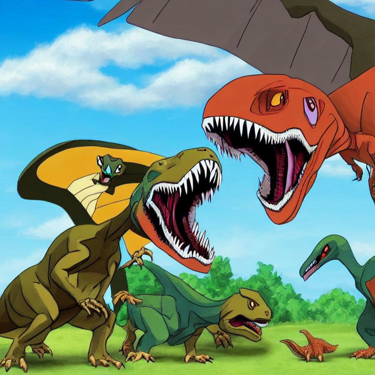 Various Species and Colors of Animated Dinosaurs Roaring in Prehistoric Landscape