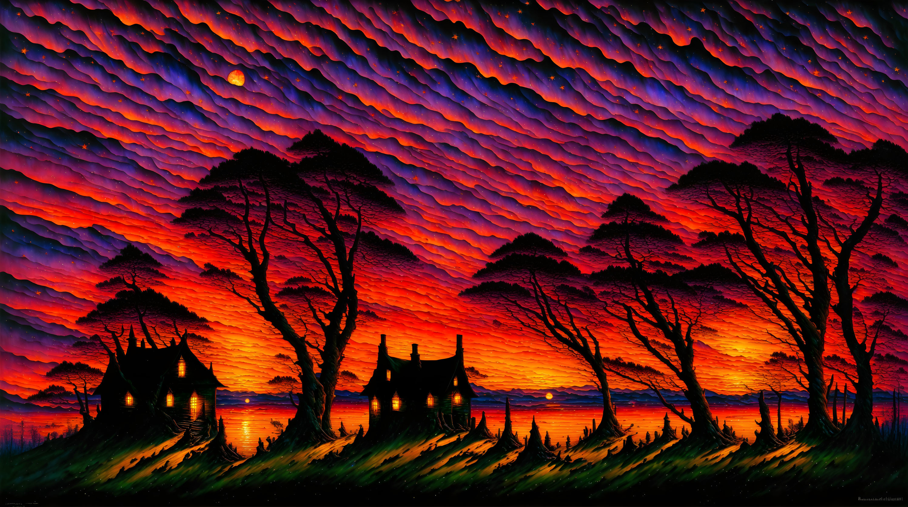 Colorful lakeside sunset painting with silhouetted trees and two illuminated houses.