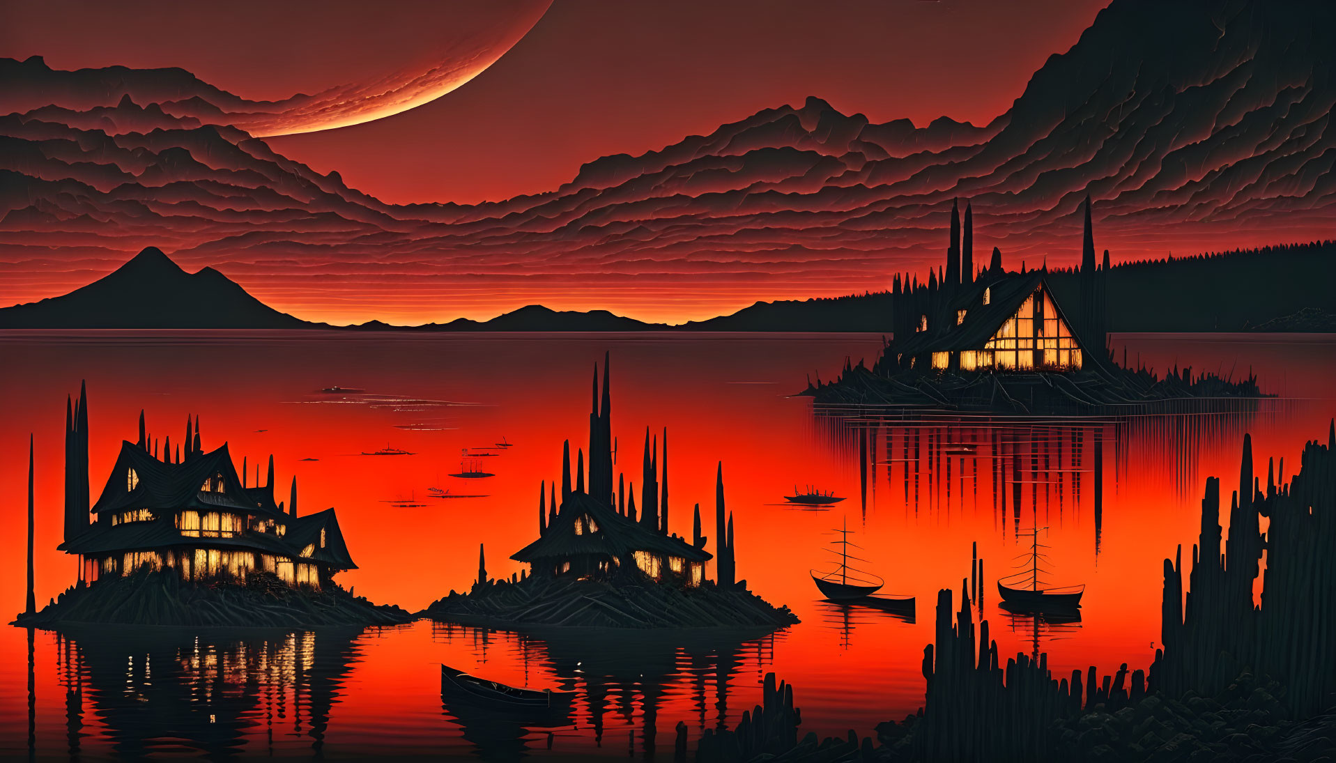 Surreal red-hued landscape with mountains and crescent moon