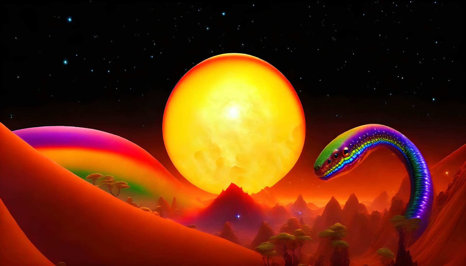 Vibrant cosmic landscape with dunes, worm-like creature, and large sun