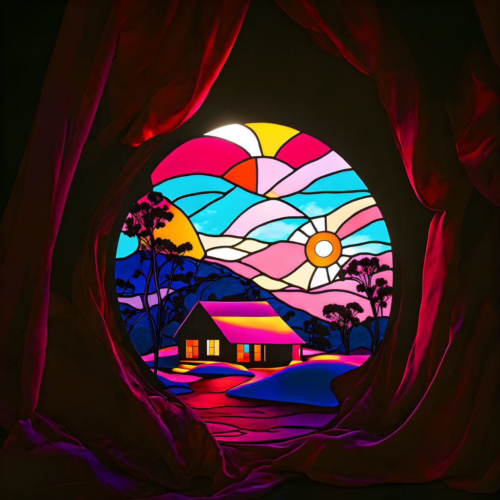 Colorful Stained Glass Sunrise Illustration with Cottage and Trees