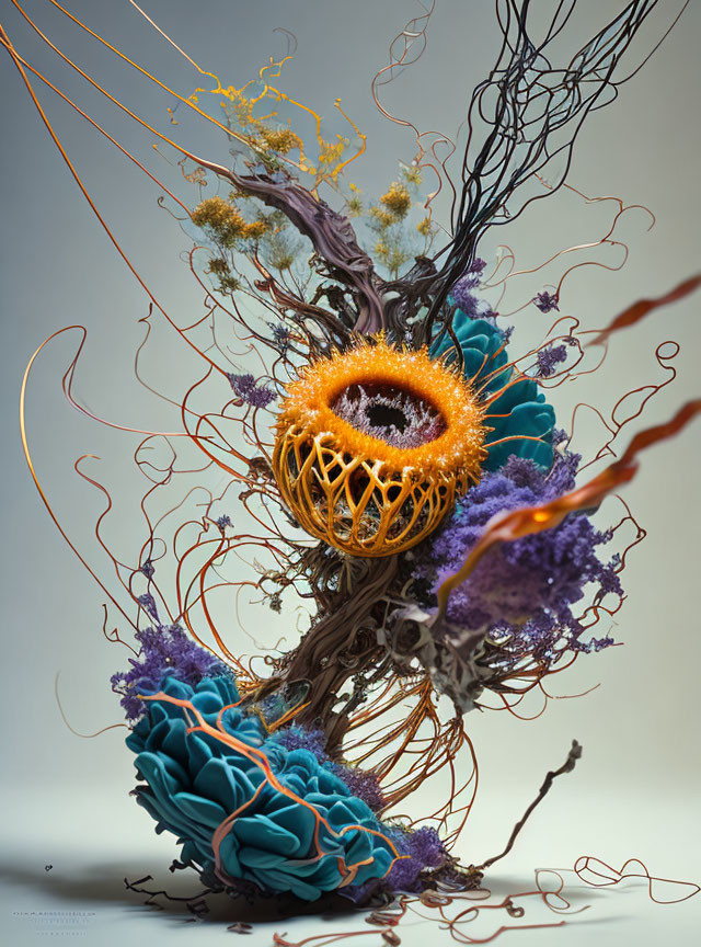 Colorful 3D abstract art with orange sphere and flowing blue and purple structures