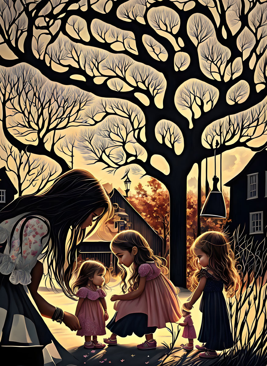 Whimsical forest illustration with woman and three girls at sunset