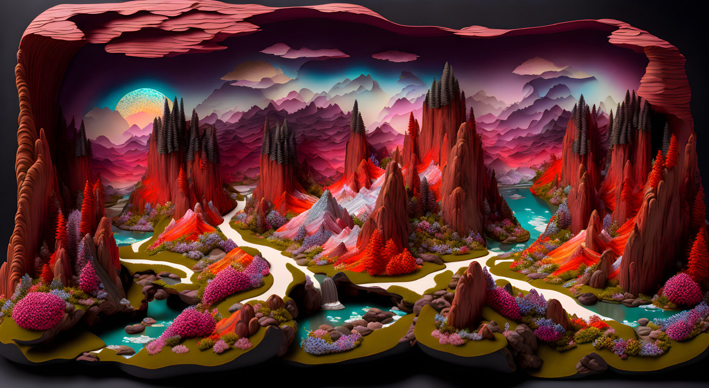 Colorful Stylized Panoramic Landscape with Mountains, Rivers, and Flora