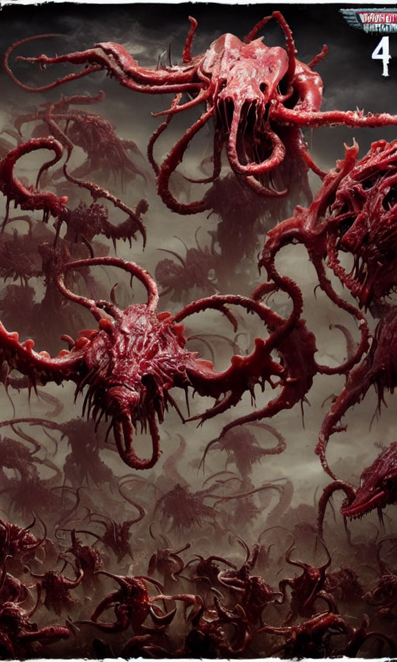 Red Monstrous Creatures with Tentacles and Sharp Teeth in Horror/Fantasy Scene