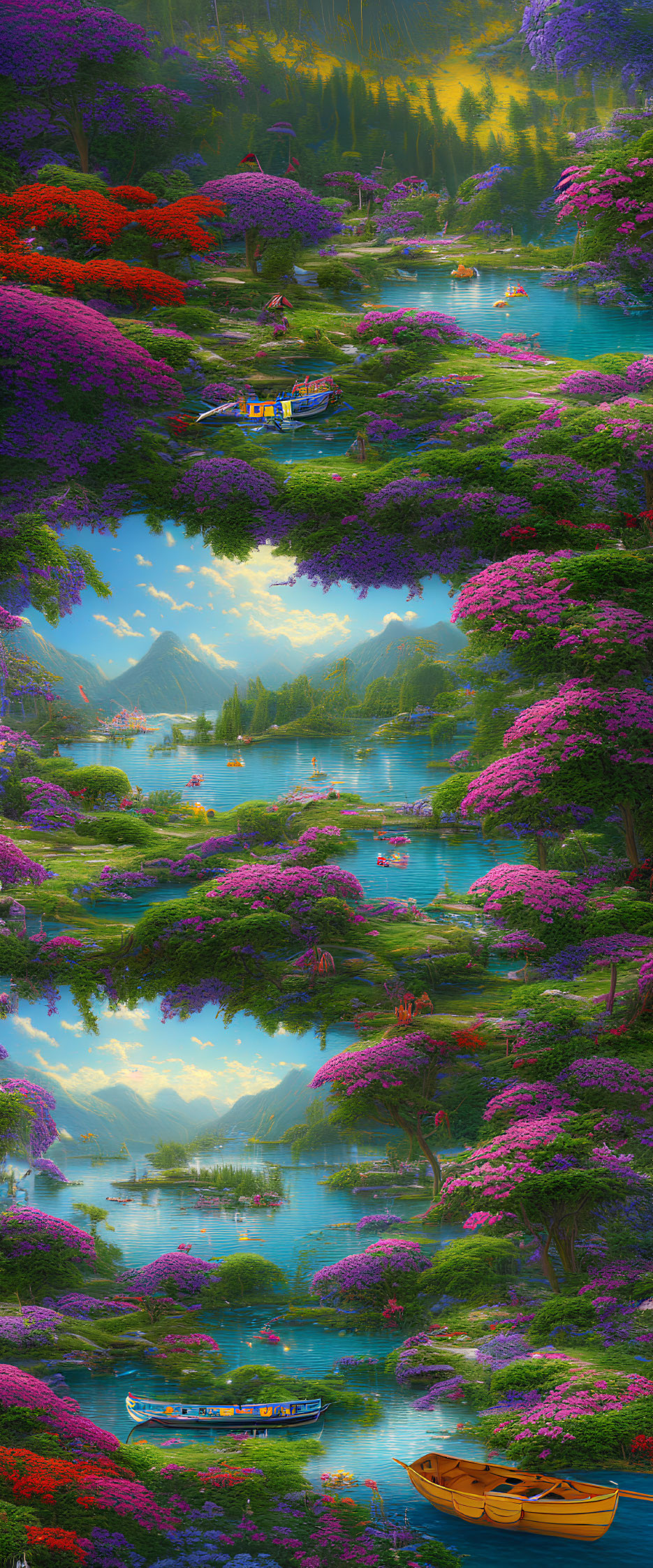 Colorful Landscape with Pink and Purple Flora, Waterways, and Mountains