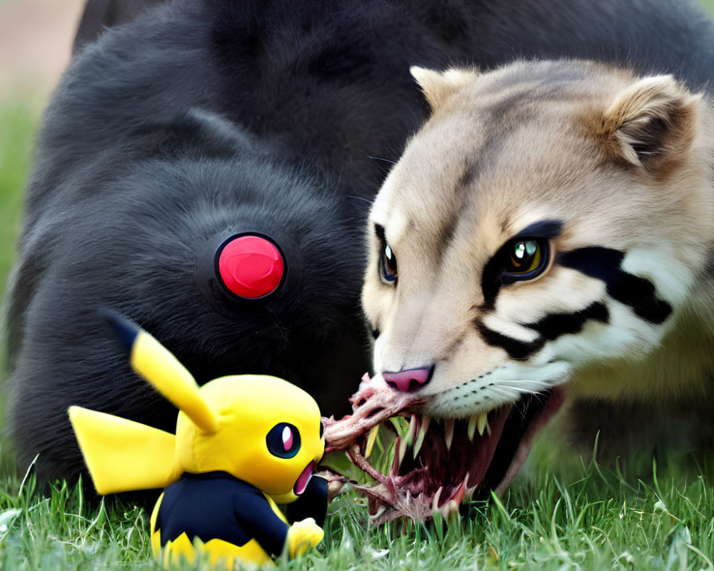 Realistic Pokémon characters: Black Umbreon, brown & cream Mightyena, yellow Pichu on