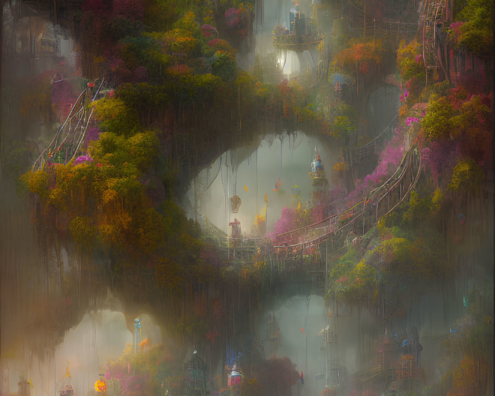 Vibrant Flora and Illuminated Bridges in Fantastical Landscape