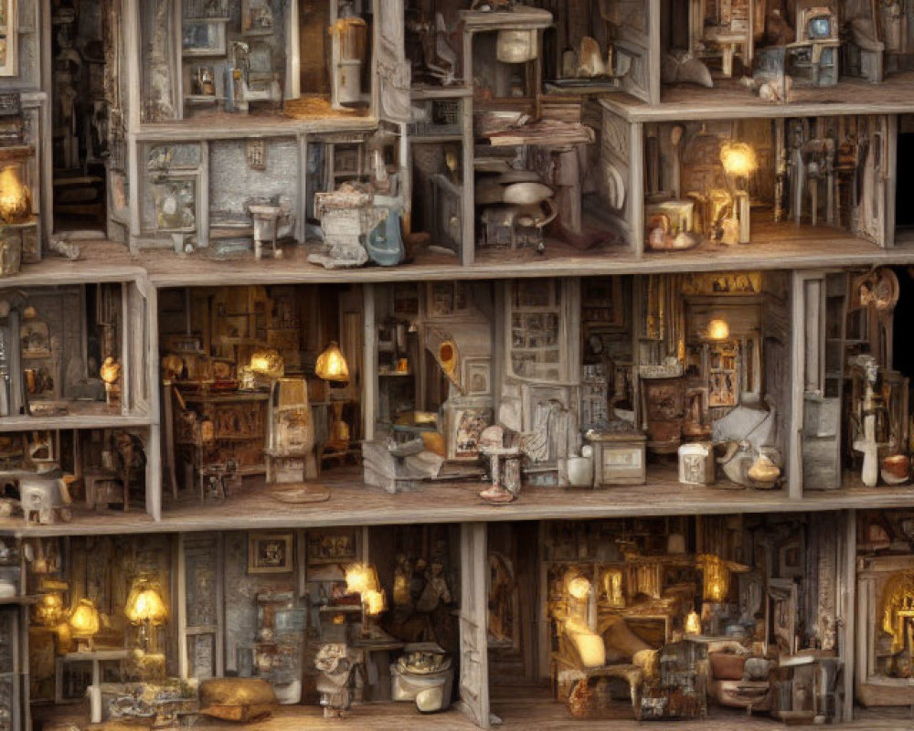 Detailed Cross-Section of Multi-Story Fantasy Dollhouse with Intricate Rooms