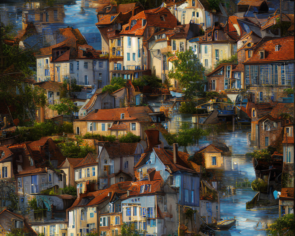 Riverside village scene with rustic houses, reflections, and boats