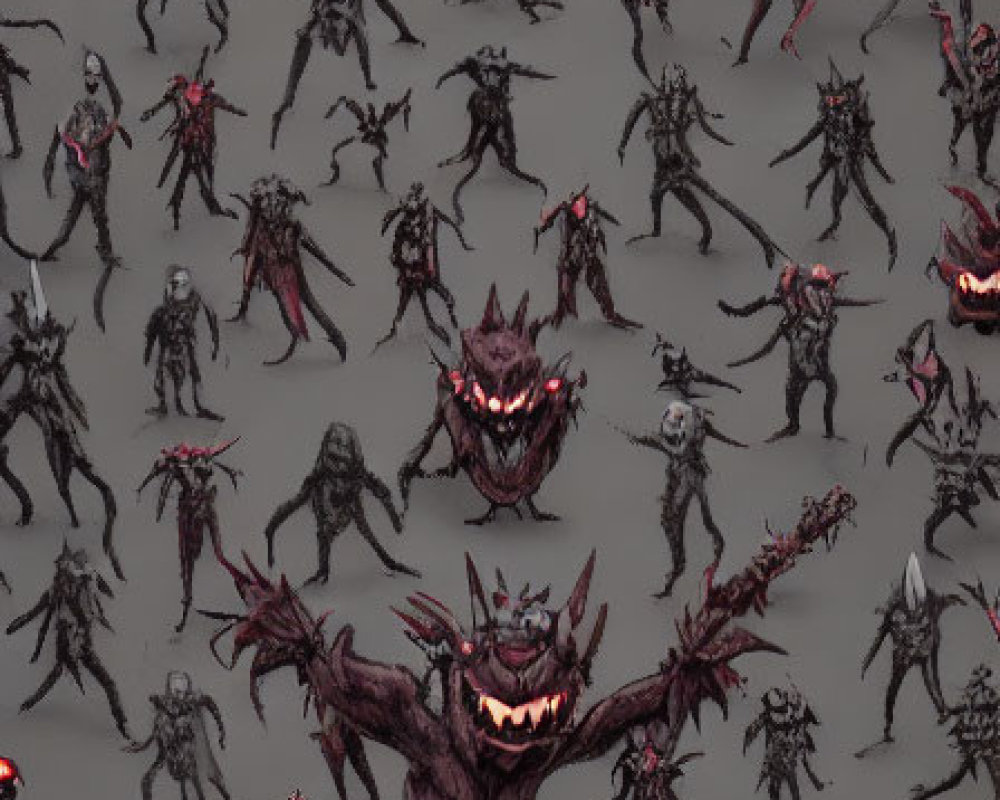 Assortment of dark demonic creatures and skeletal figures on gray background