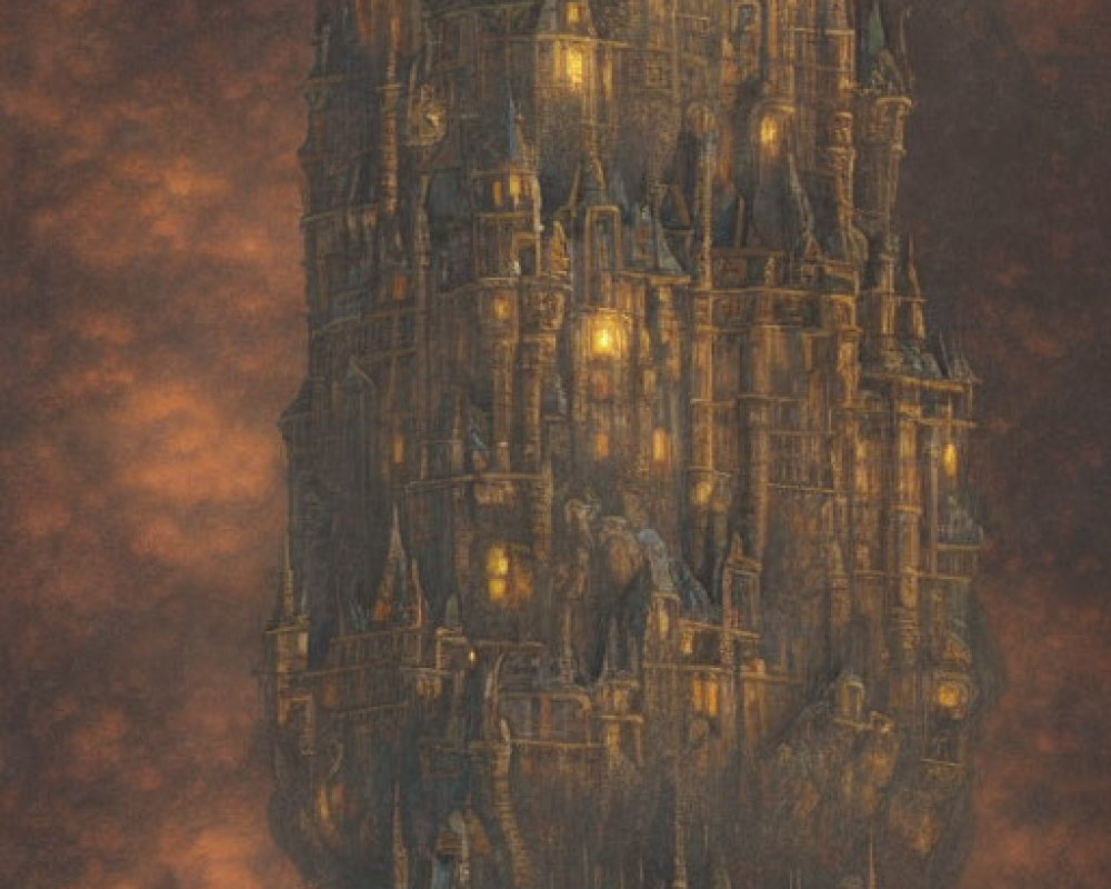 Fantastical floating castle in moonlit sky