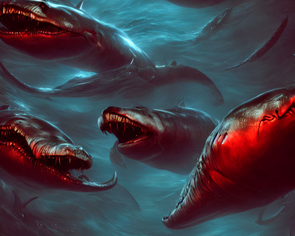 Sinister underwater scene with fierce creatures and glowing eyes