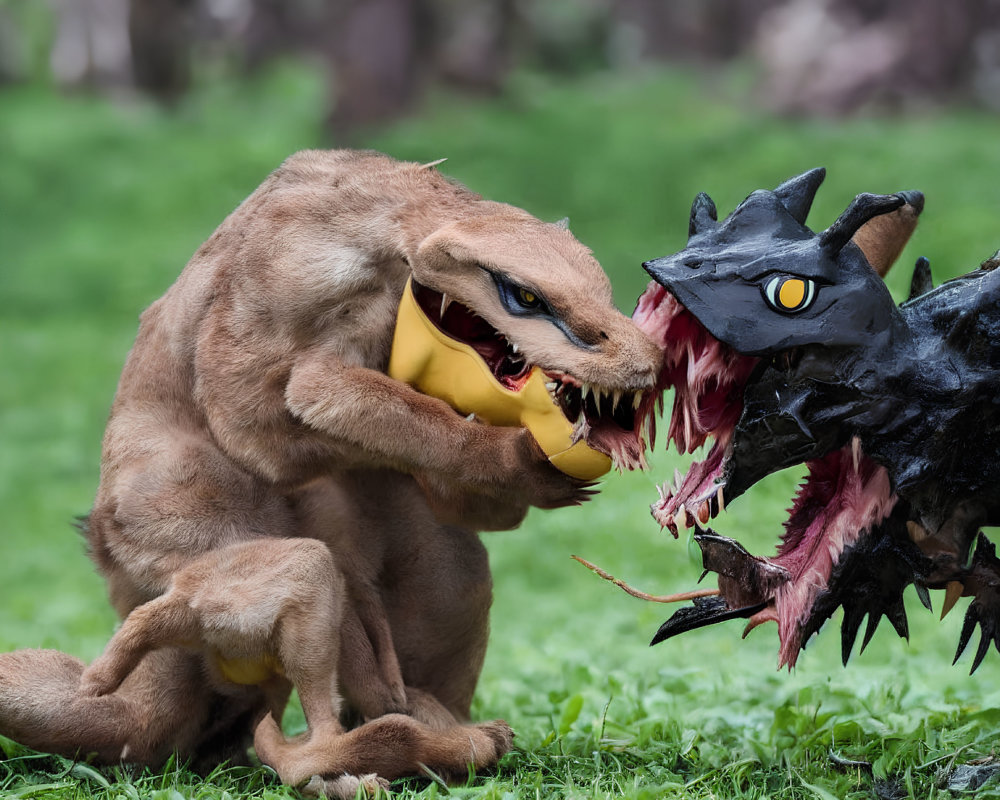 Realistic brown creature and black dragon costume figures in playful battle on grassy field