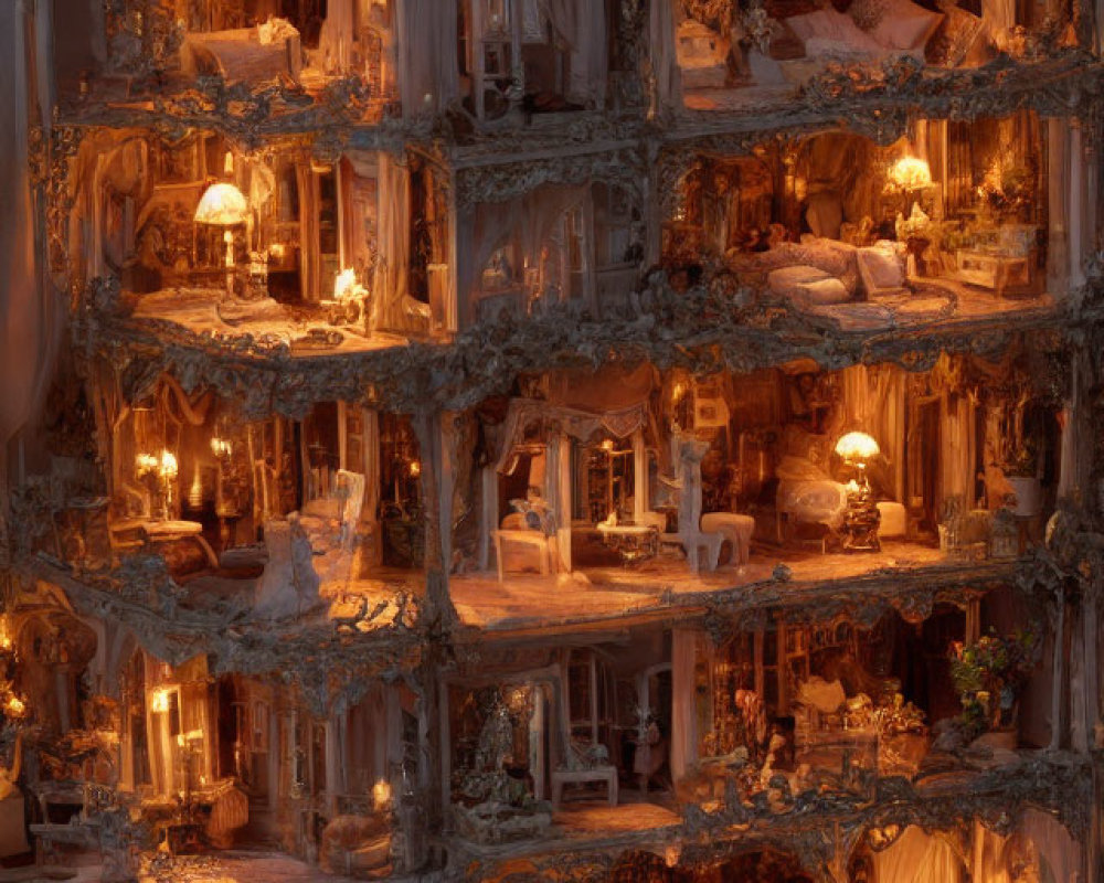 Detailed Dollhouse with Multiple Illuminated Rooms & Grand Mansion Miniatures