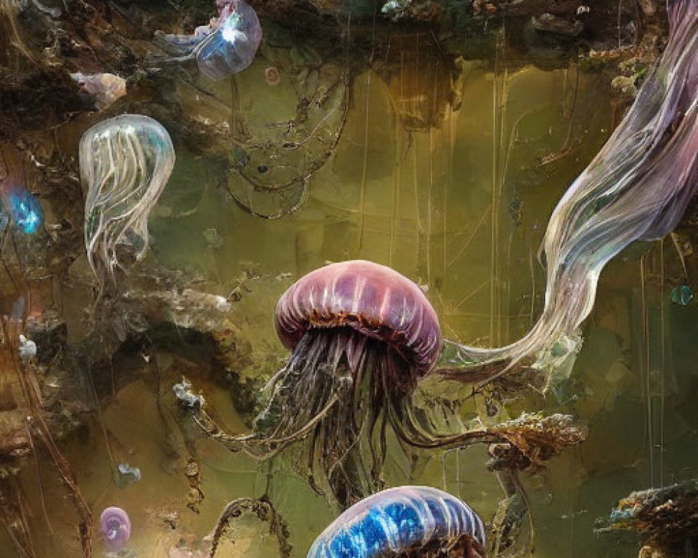 Bioluminescent jellyfish in underwater dream scene