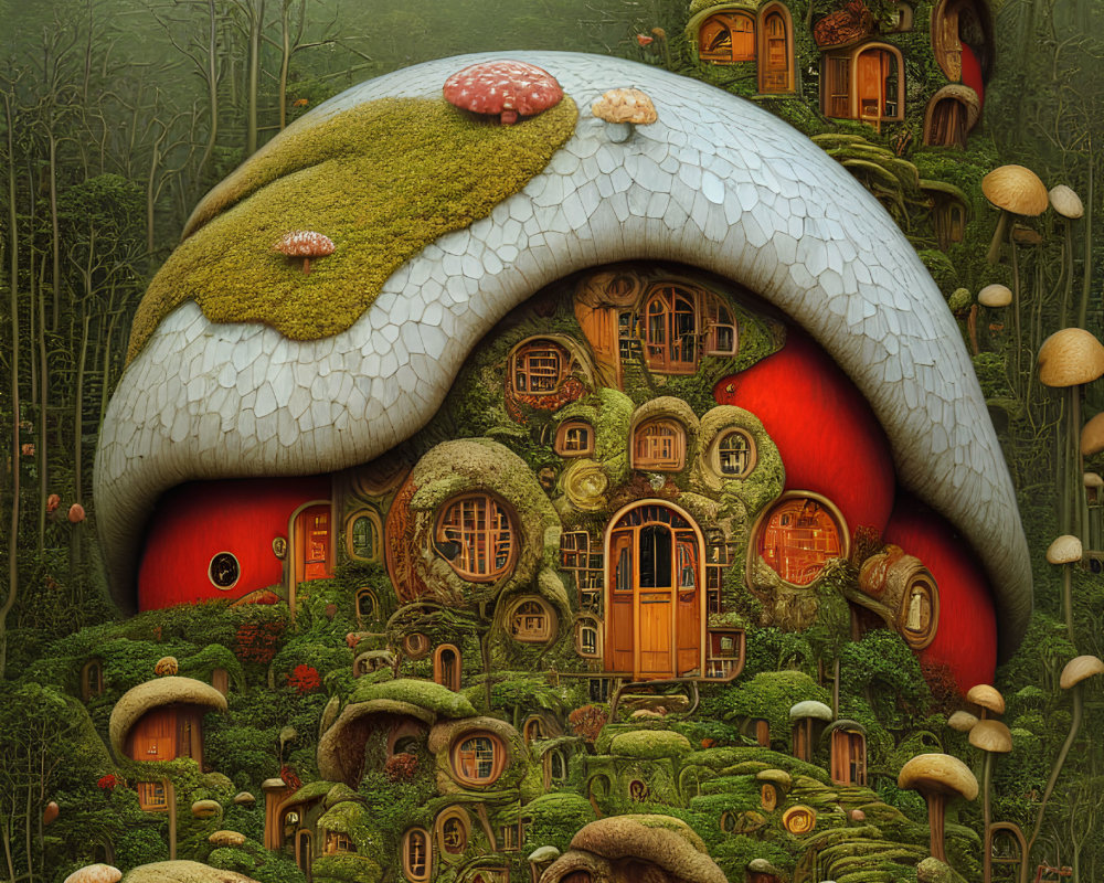 Detailed Whimsical Fairy Tale House in Mushroom Forest Scene