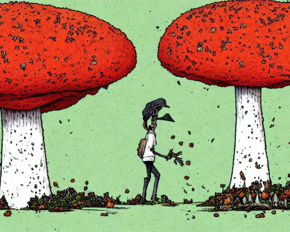 Whimsical landscape with person in crow mask and red-capped mushrooms