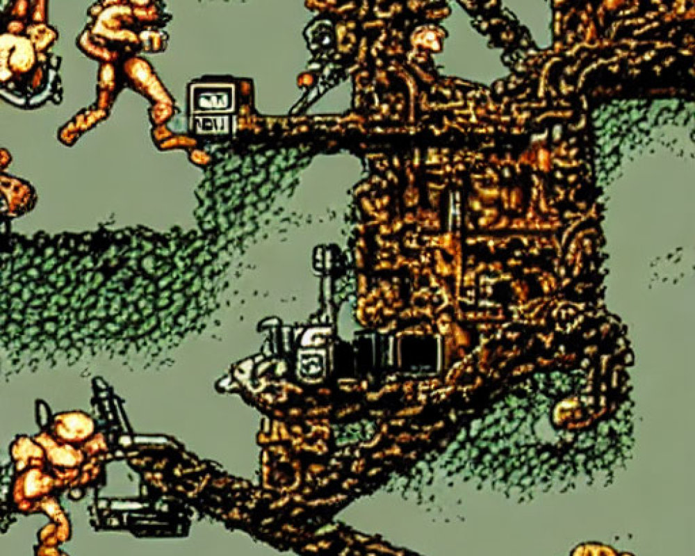 Pixelated platform game screen with jumping characters, guns, and industrial-themed levels.