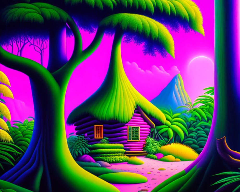 Fantasy forest digital art with oversized trees and volcano under purple sky