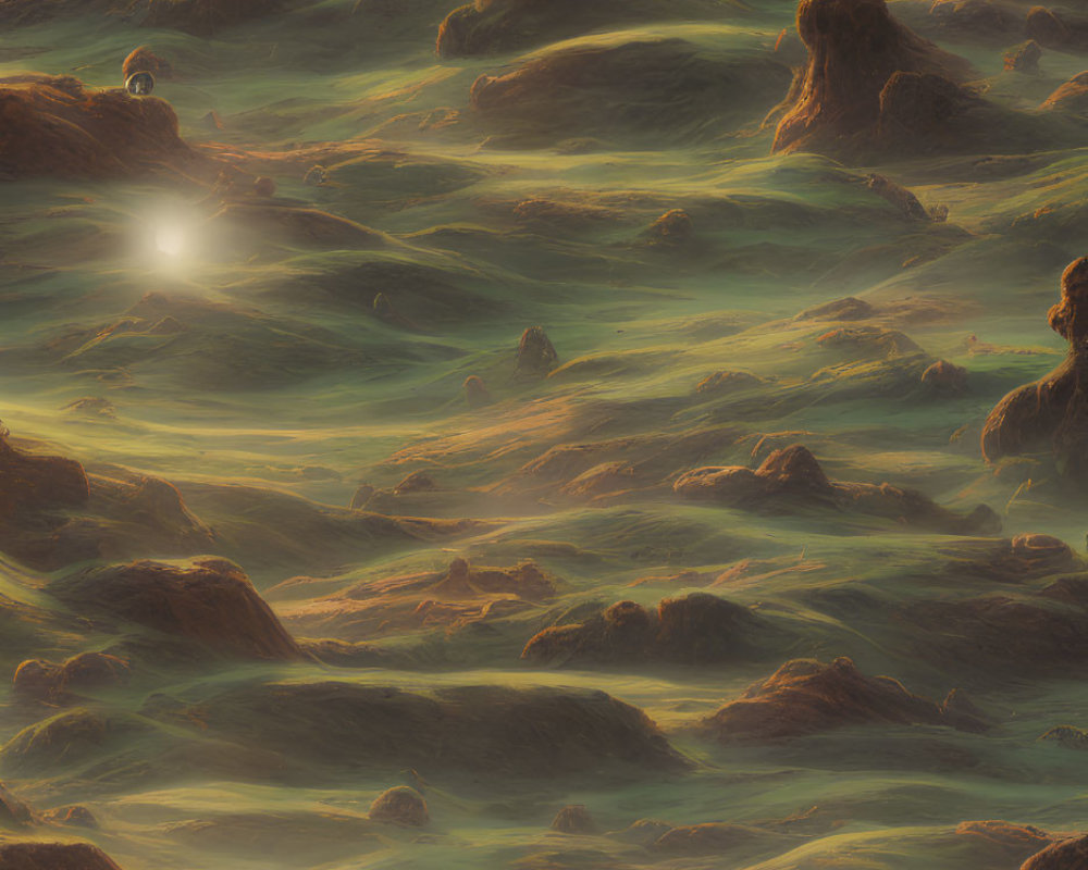 Alien landscape with rolling hills, river, and hovering spaceships.