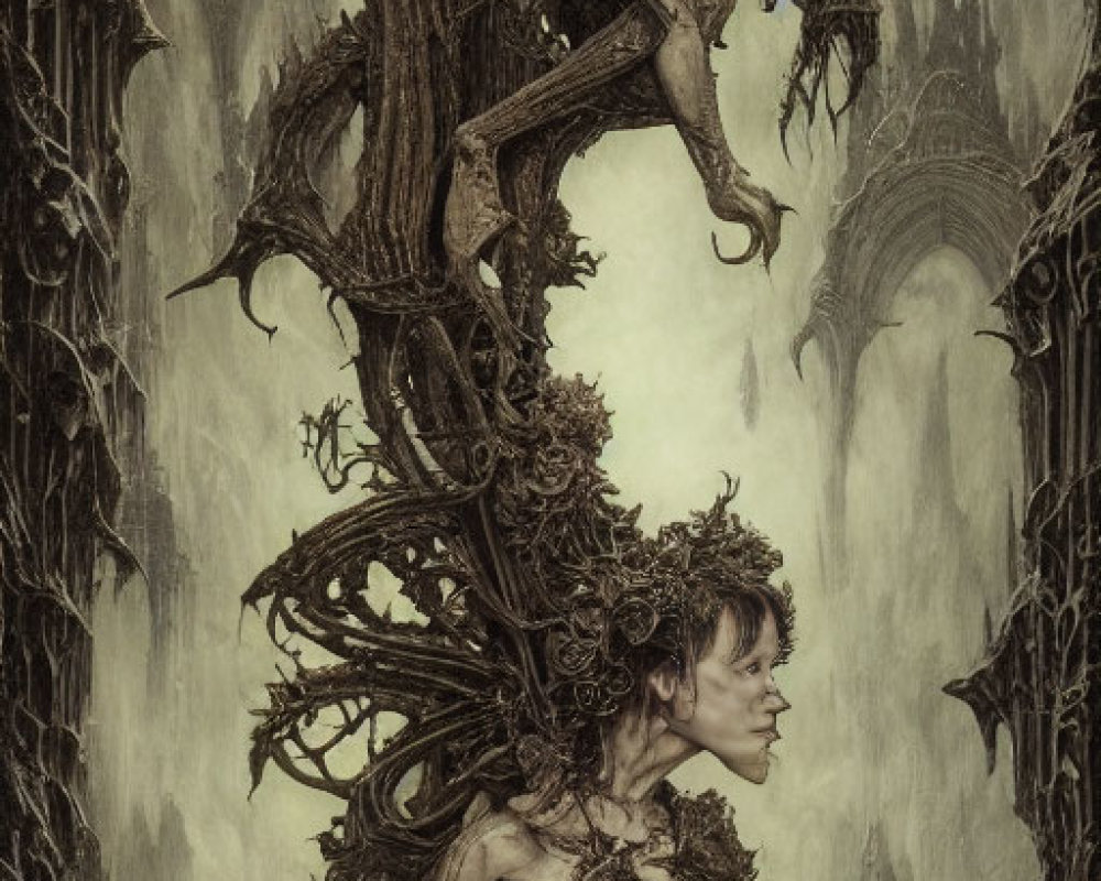 Gothic fantasy art: humanoid figures of branches against dark architecture