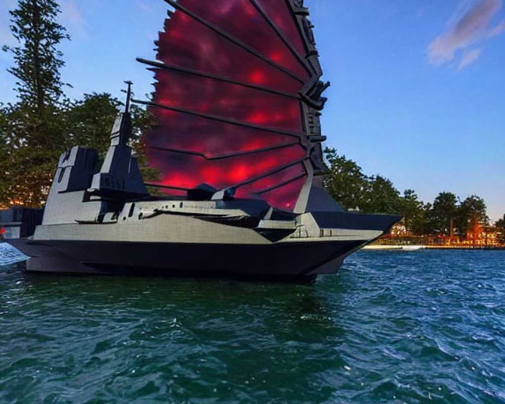 Futuristic ship with large red sail on calm waters