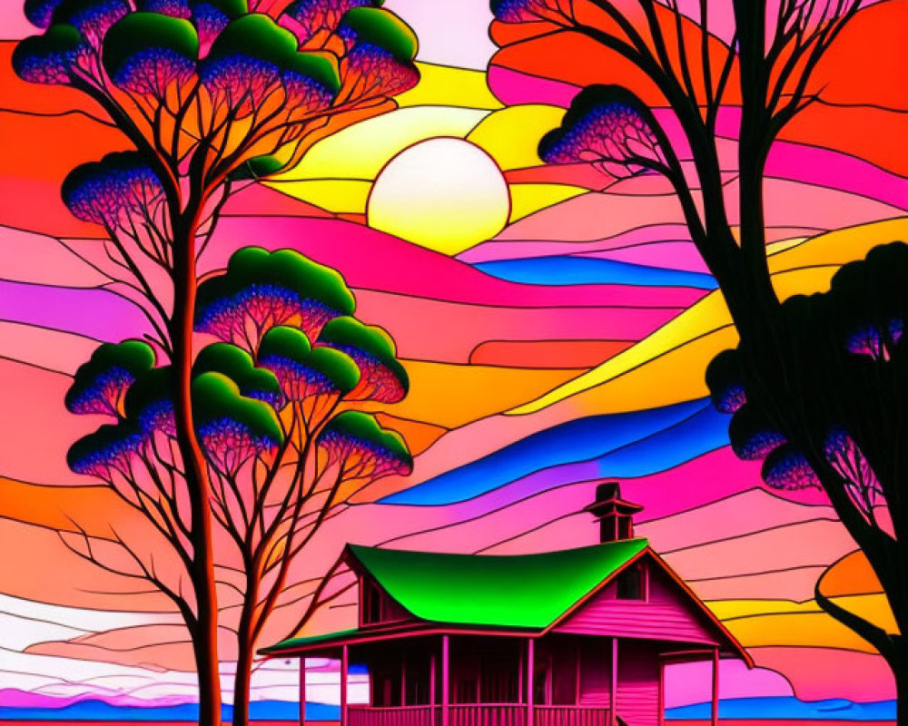 Colorful Sunset Landscape with Neon House & Silhouetted Trees