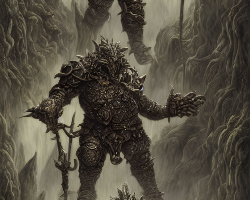 Three fantasy armored warriors with intricate designs and weapons standing in a forest landscape.