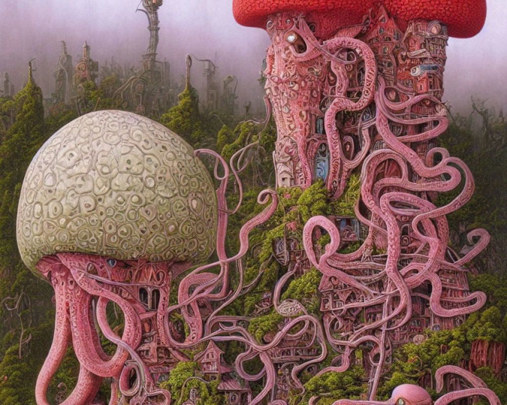 Surrealist landscape with octopus tentacles and mushroom structures in foggy forest