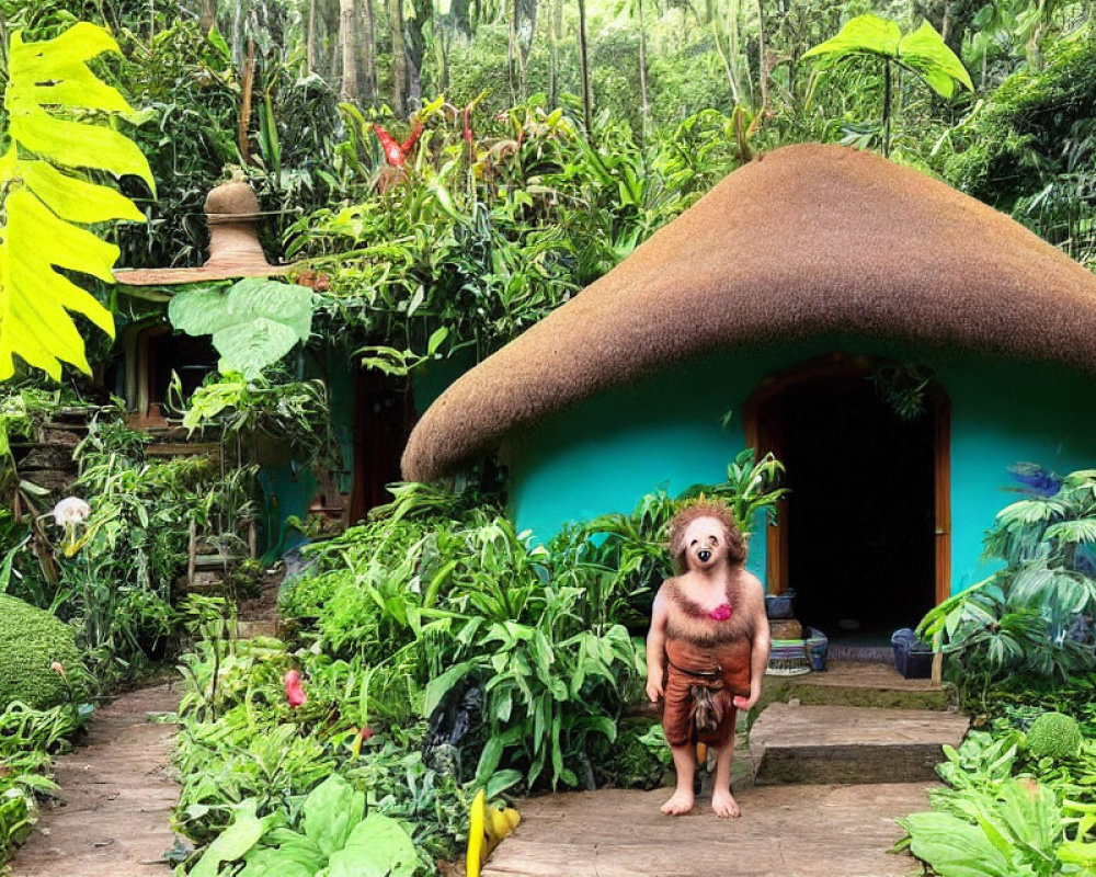 Dog in sweater in front of vibrant tiny house with thatched roof in forested area