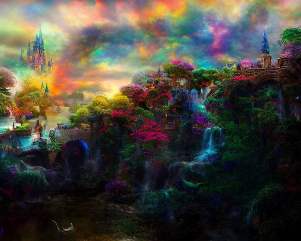 Fantastical landscape with lush vegetation, waterfalls, colorful skies