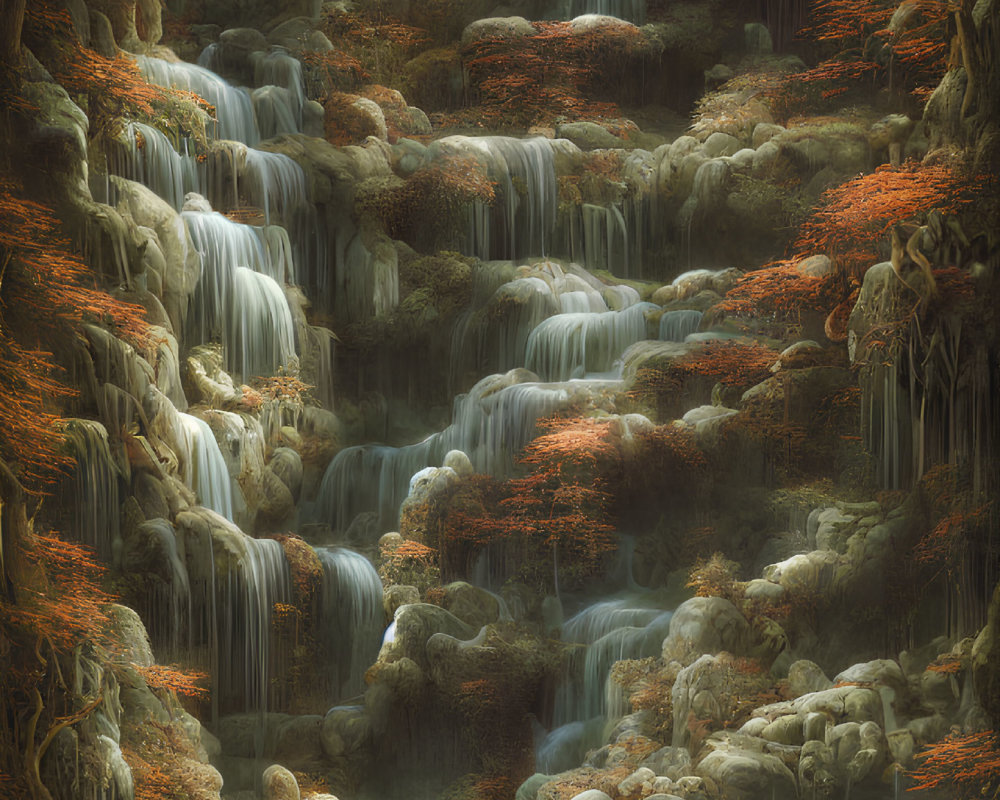 Autumnal foliage and small waterfalls in mystical light