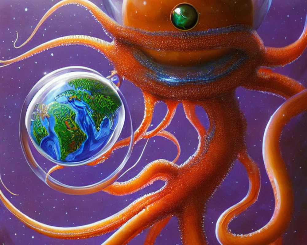 Octopus in Space Holding Earth in Bubble with Cosmic Backdrop