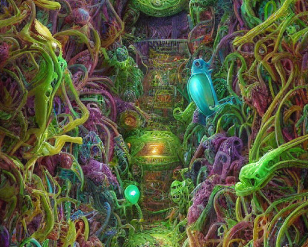 Vibrant alien landscape with organic structures and mysterious doorways