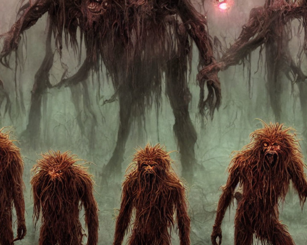 Shaggy monstrous creatures with glowing eyes in misty forest