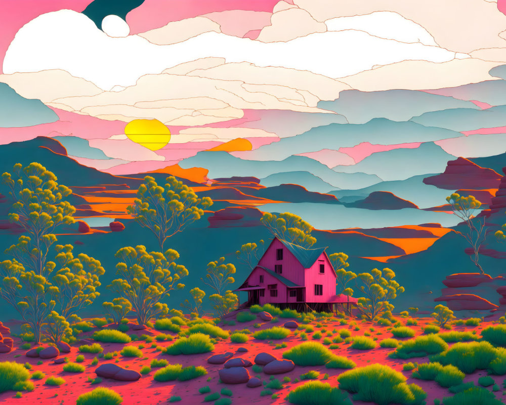 Vibrant surreal landscape with pink house, colorful flora, pastel skies