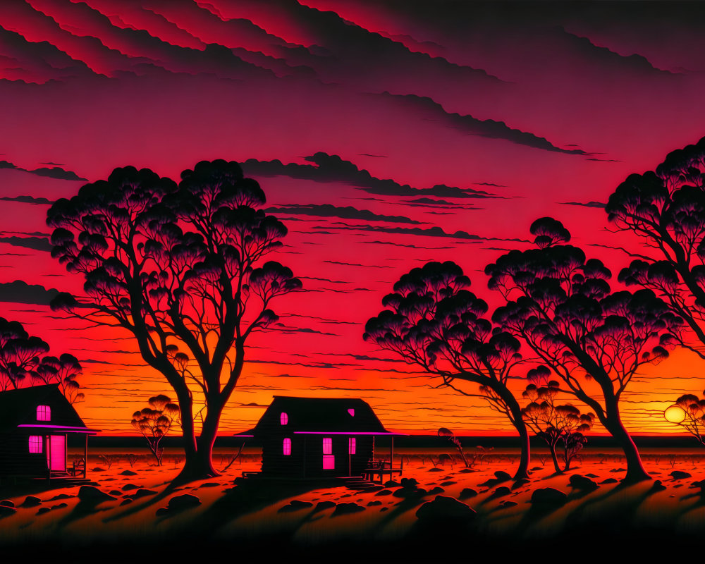 Scenic silhouette of trees, houses, hills, and clouds at sunset